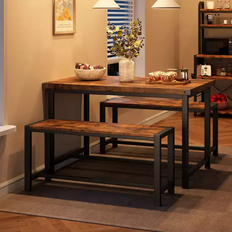 Set da pranzo 3 pezzi per 4 persone con 2 panche, tavolo da cucina con protezioni angolari, struttura a H, compatto per appartamenti e piccoli spazi