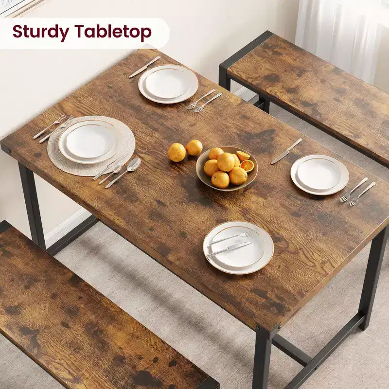 Set da pranzo 3 pezzi per 4 persone con 2 panche, tavolo da cucina con protezioni angolari, struttura a H, compatto per appartamenti e piccoli spazi