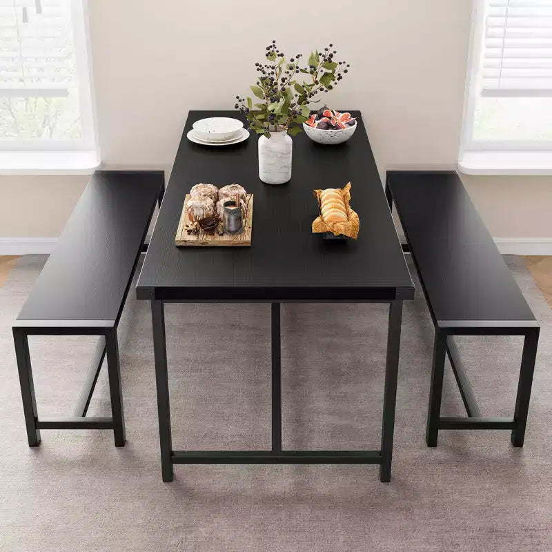 Set da pranzo 3 pezzi per 4 persone con 2 panche, tavolo da cucina con protezioni angolari, struttura a H, compatto per appartamenti e piccoli spazi