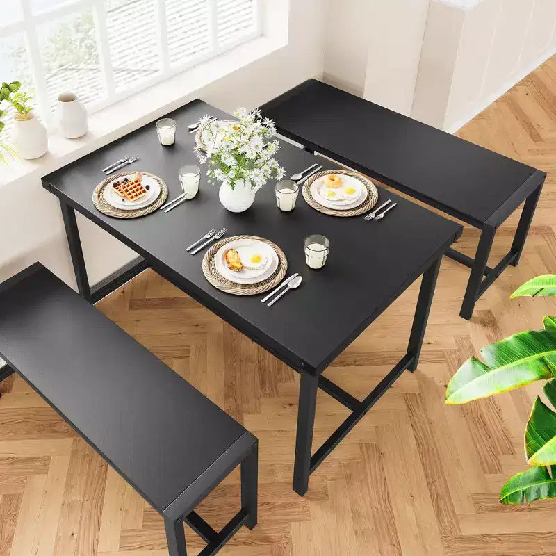 Set da pranzo 3 pezzi per 4 persone con 2 panche, tavolo da cucina con protezioni angolari, struttura a H, compatto per appartamenti e piccoli spazi