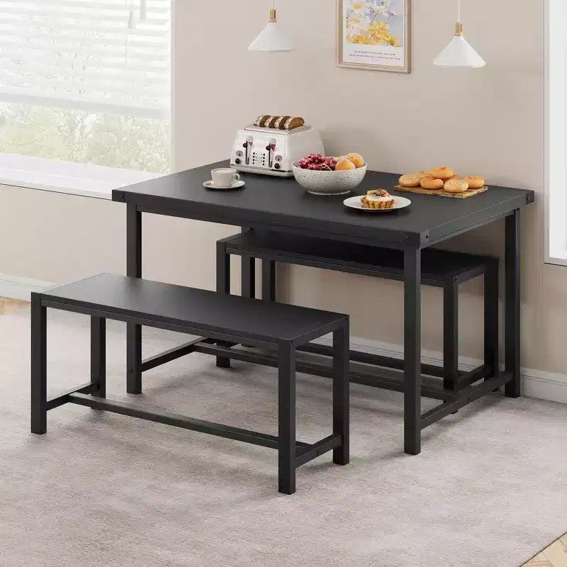 Set da pranzo 3 pezzi per 4 persone con 2 panche, tavolo da cucina con protezioni angolari, struttura a H, compatto per appartamenti e piccoli spazi