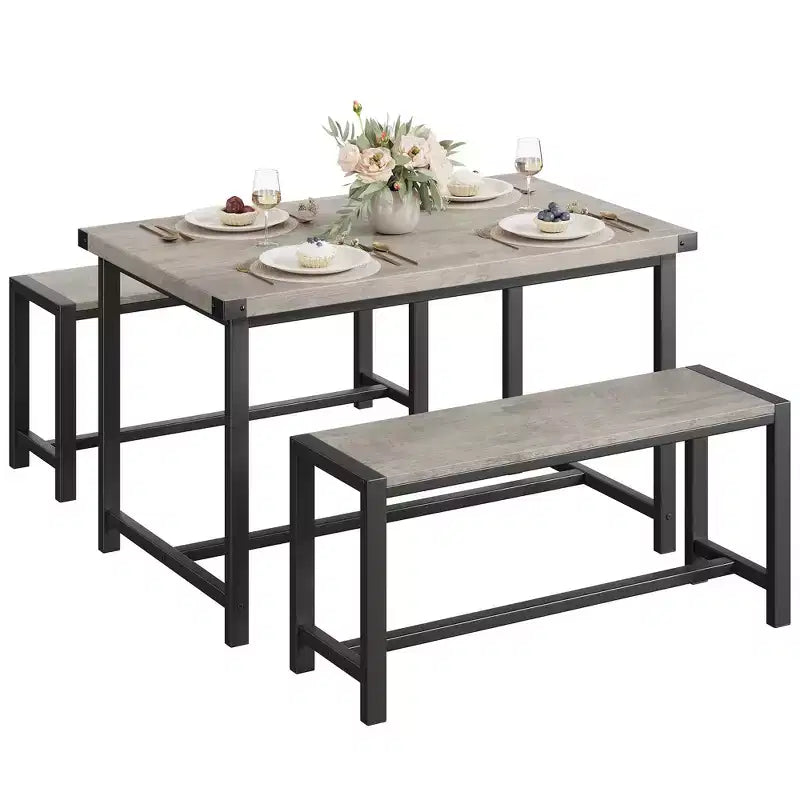 Set da pranzo 3 pezzi per 4 persone con 2 panche, tavolo da cucina con protezioni angolari, struttura a H, compatto per appartamenti e piccoli spazi