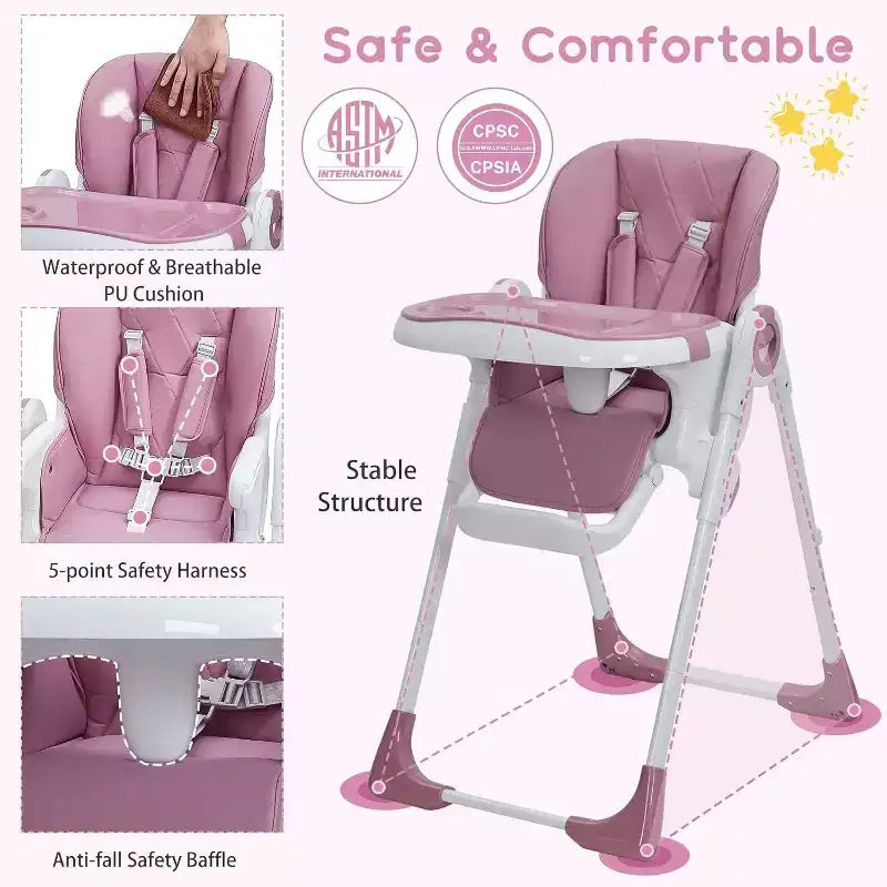 Acekool Baby High Chair for Toddlers, Foldable Adjustable Height & Recline Highchair with Removable Tray for Easy Cleaning, Purple