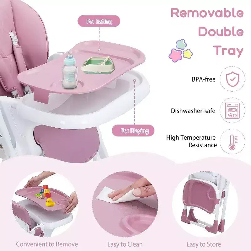 Acekool Baby High Chair for Toddlers, Foldable Adjustable Height & Recline Highchair with Removable Tray for Easy Cleaning, Purple