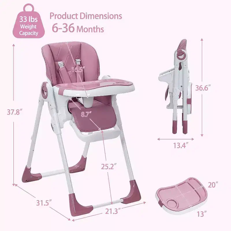 Acekool Baby High Chair for Toddlers, Foldable Adjustable Height & Recline Highchair with Removable Tray for Easy Cleaning, Purple