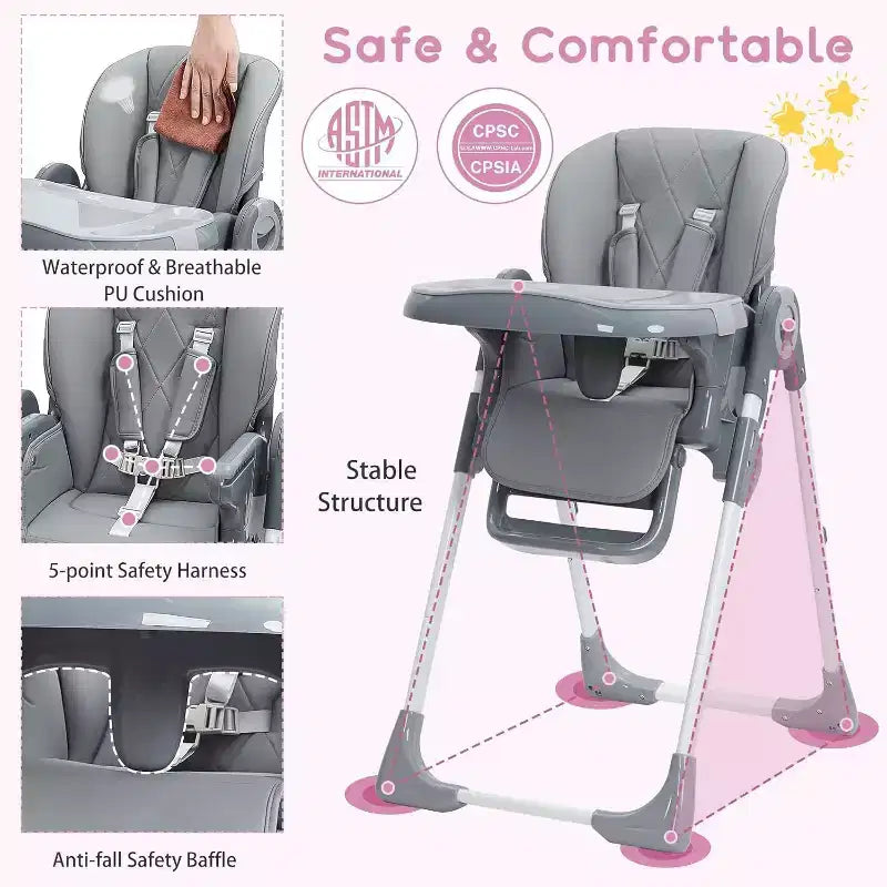 Acekool Baby High Chair for Toddlers, Foldable Adjustable Height & Recline Highchair with Removable Tray for Easy Cleaning, Purple
