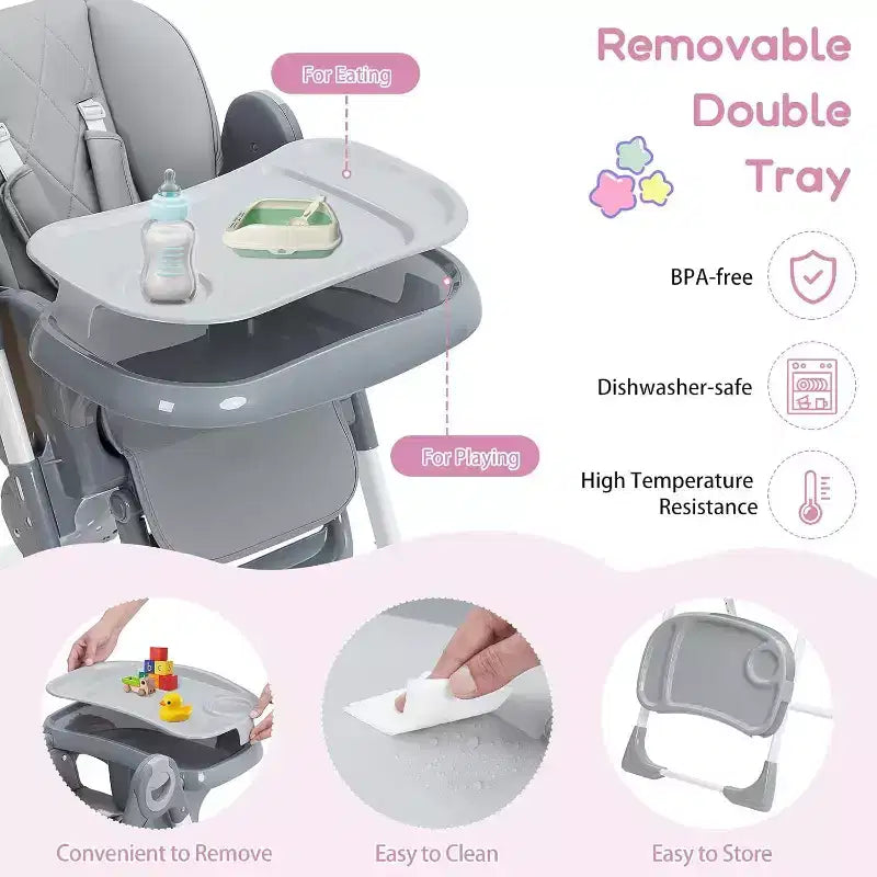 Acekool Baby High Chair for Toddlers, Foldable Adjustable Height & Recline Highchair with Removable Tray for Easy Cleaning, Purple