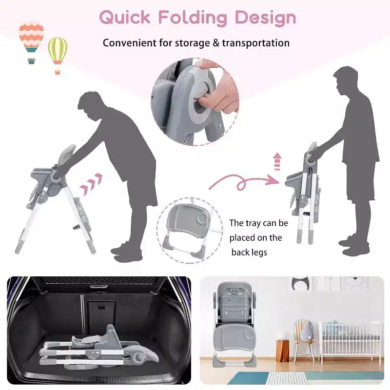 Acekool Baby High Chair for Toddlers, Foldable Adjustable Height & Recline Highchair with Removable Tray for Easy Cleaning, Purple