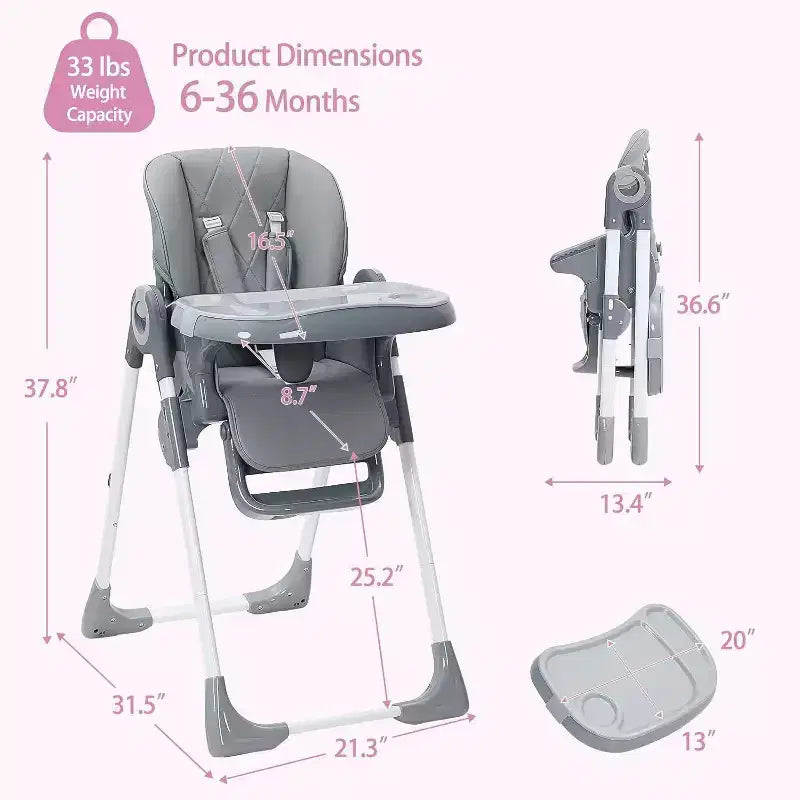 Acekool Baby High Chair for Toddlers, Foldable Adjustable Height & Recline Highchair with Removable Tray for Easy Cleaning, Purple