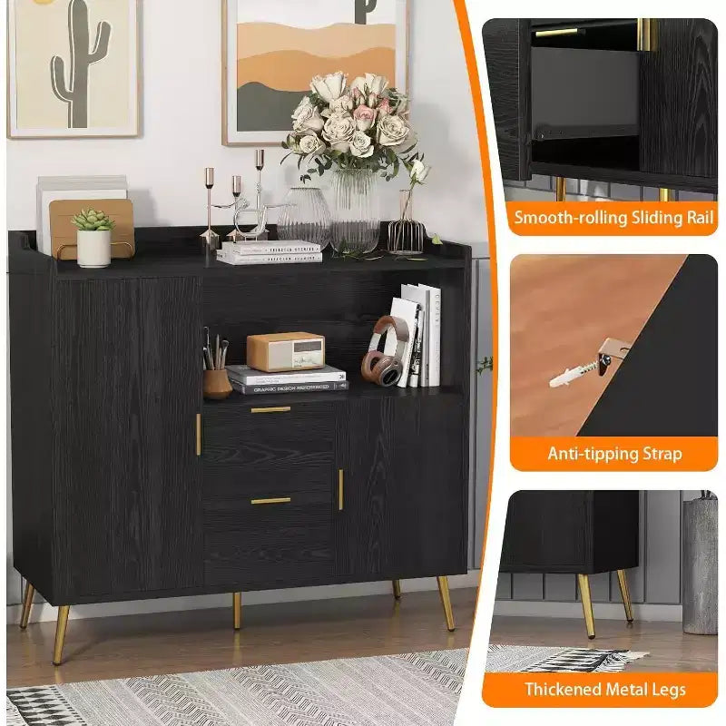 Modern White Storage Cabinet - 2 Drawer & 2 Door Sideboard for Kitchen & Living Room