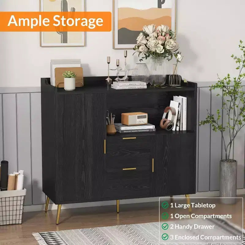Modern White Storage Cabinet - 2 Drawer & 2 Door Sideboard for Kitchen & Living Room
