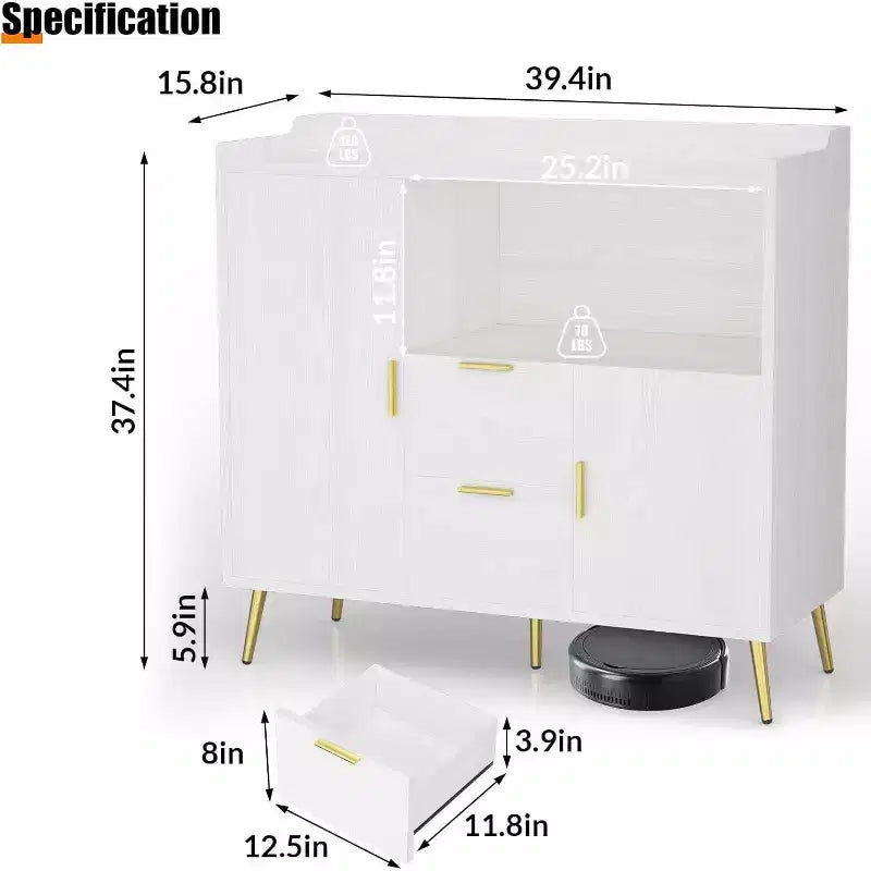Modern White Storage Cabinet - 2 Drawer & 2 Door Sideboard for Kitchen & Living Room