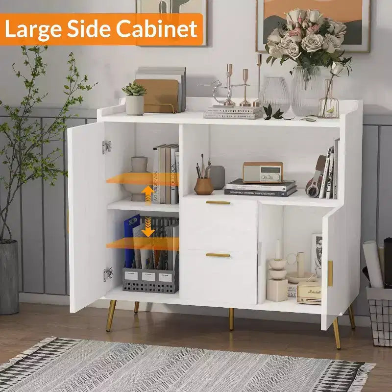 Modern White Storage Cabinet - 2 Drawer & 2 Door Sideboard for Kitchen & Living Room