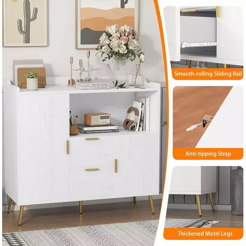 Modern White Storage Cabinet - 2 Drawer & 2 Door Sideboard for Kitchen & Living Room