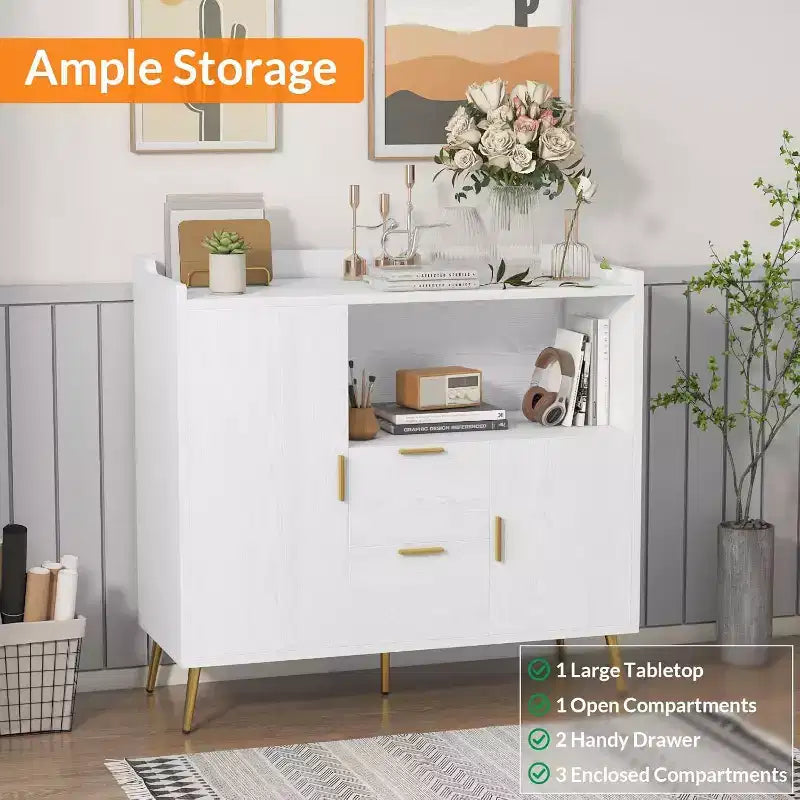 Modern White Storage Cabinet - 2 Drawer & 2 Door Sideboard for Kitchen & Living Room