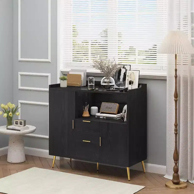 Modern White Storage Cabinet - 2 Drawer & 2 Door Sideboard for Kitchen & Living Room