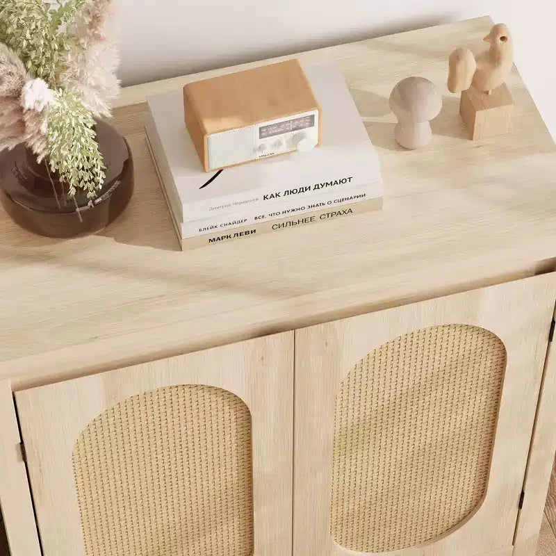 Coolmee Credenza da Soggiorno Mid-Century - Mobile Contenitore Retrò con Ante in Rattan e Ripiano Regolabile, Console d'Appoggio per Salotto, Sala da Pranzo