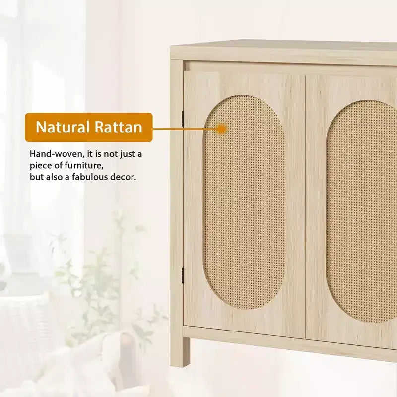 Coolmee Credenza da Soggiorno Mid-Century - Mobile Contenitore Retrò con Ante in Rattan e Ripiano Regolabile, Console d'Appoggio per Salotto, Sala da Pranzo