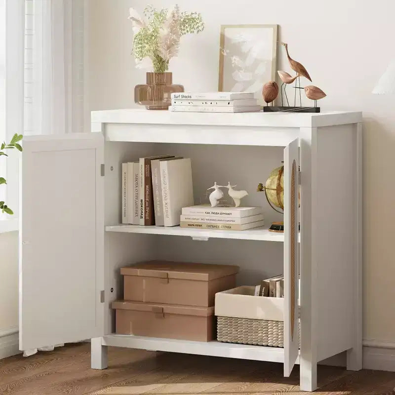 Coolmee Credenza da Soggiorno Mid-Century - Mobile Contenitore Retrò con Ante in Rattan e Ripiano Regolabile, Console d'Appoggio per Salotto, Sala da Pranzo