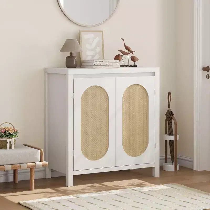 Coolmee Credenza da Soggiorno Mid-Century - Mobile Contenitore Retrò con Ante in Rattan e Ripiano Regolabile, Console d'Appoggio per Salotto, Sala da Pranzo