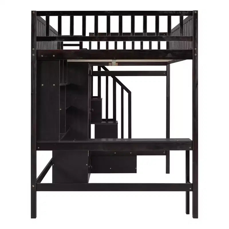 Letto a soppalco full size con armadio e scrivania integrata, telaio per letto a soppalco alto in legno massello con scaletta e libreria portaoggetti per bambini