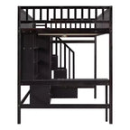 Letto a soppalco full size con armadio e scrivania integrata, telaio per letto a soppalco alto in legno massello con scaletta e libreria portaoggetti per bambini