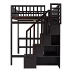 Letto a soppalco full size con armadio e scrivania integrata, telaio per letto a soppalco alto in legno massello con scaletta e libreria portaoggetti per bambini