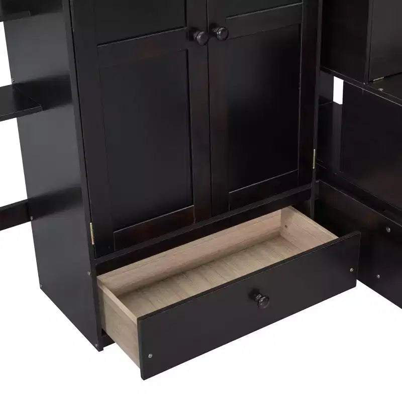 Letto a soppalco full size con armadio e scrivania integrata, telaio per letto a soppalco alto in legno massello con scaletta e libreria portaoggetti per bambini