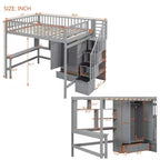 Letto a soppalco full size con armadio e scrivania integrata, telaio per letto a soppalco alto in legno massello con scaletta e libreria portaoggetti per bambini
