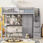 Letto a soppalco full size con armadio e scrivania integrata, telaio per letto a soppalco alto in legno massello con scaletta e libreria portaoggetti per bambini