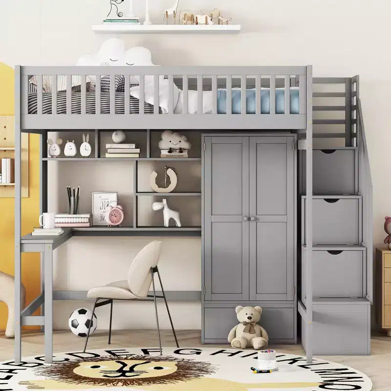 Letto a soppalco full size con armadio e scrivania integrata, telaio per letto a soppalco alto in legno massello con scaletta e libreria portaoggetti per bambini
