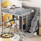Letto a soppalco full size con armadio e scrivania integrata, telaio per letto a soppalco alto in legno massello con scaletta e libreria portaoggetti per bambini