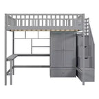 Letto a soppalco full size con armadio e scrivania integrata, telaio per letto a soppalco alto in legno massello con scaletta e libreria portaoggetti per bambini