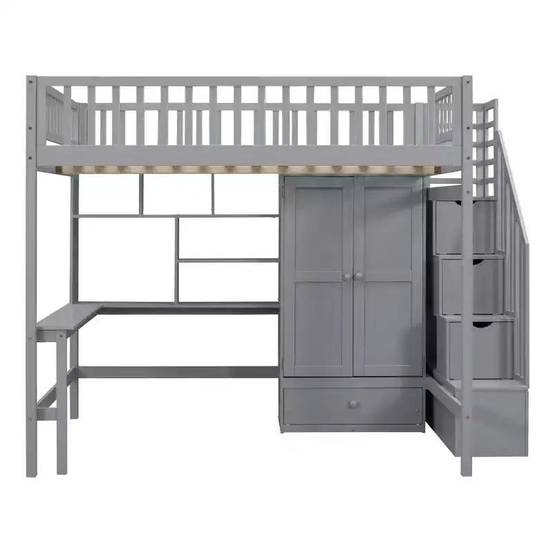 Letto a soppalco full size con armadio e scrivania integrata, telaio per letto a soppalco alto in legno massello con scaletta e libreria portaoggetti per bambini