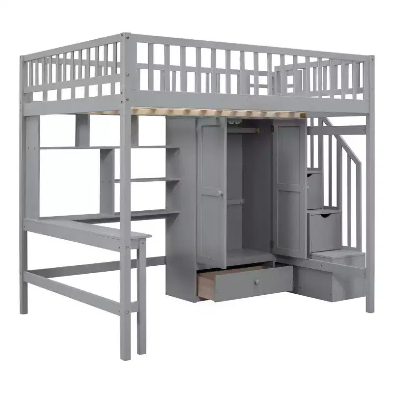 Letto a soppalco full size con armadio e scrivania integrata, telaio per letto a soppalco alto in legno massello con scaletta e libreria portaoggetti per bambini