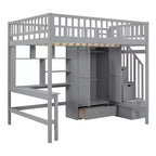Letto a soppalco full size con armadio e scrivania integrata, telaio per letto a soppalco alto in legno massello con scaletta e libreria portaoggetti per bambini