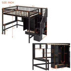 Letto a soppalco full size con armadio e scrivania integrata, telaio per letto a soppalco alto in legno massello con scaletta e libreria portaoggetti per bambini