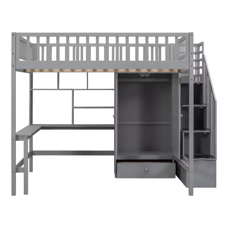 Letto a soppalco full size con armadio e scrivania integrata, telaio per letto a soppalco alto in legno massello con scaletta e libreria portaoggetti per bambini