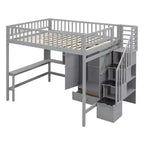 Letto a soppalco full size con armadio e scrivania integrata, telaio per letto a soppalco alto in legno massello con scaletta e libreria portaoggetti per bambini