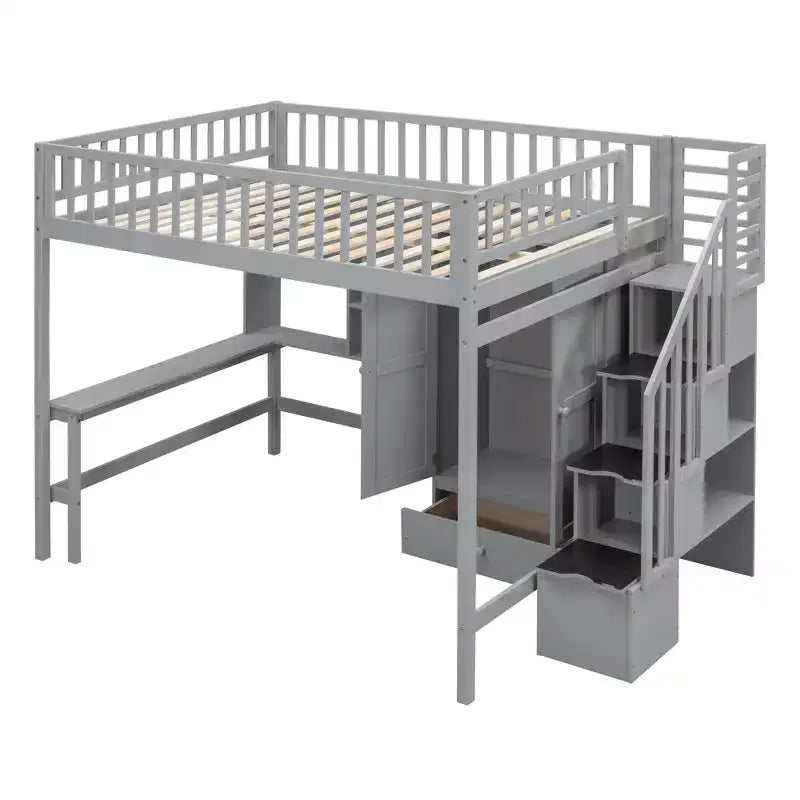 Letto a soppalco full size con armadio e scrivania integrata, telaio per letto a soppalco alto in legno massello con scaletta e libreria portaoggetti per bambini