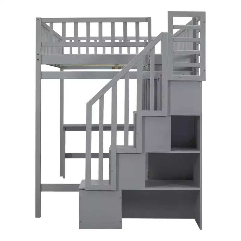 Letto a soppalco full size con armadio e scrivania integrata, telaio per letto a soppalco alto in legno massello con scaletta e libreria portaoggetti per bambini