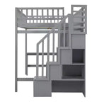 Letto a soppalco full size con armadio e scrivania integrata, telaio per letto a soppalco alto in legno massello con scaletta e libreria portaoggetti per bambini