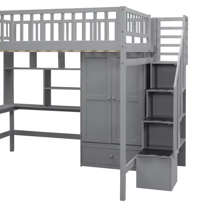 Letto a soppalco full size con armadio e scrivania integrata, telaio per letto a soppalco alto in legno massello con scaletta e libreria portaoggetti per bambini