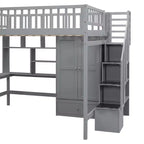 Letto a soppalco full size con armadio e scrivania integrata, telaio per letto a soppalco alto in legno massello con scaletta e libreria portaoggetti per bambini