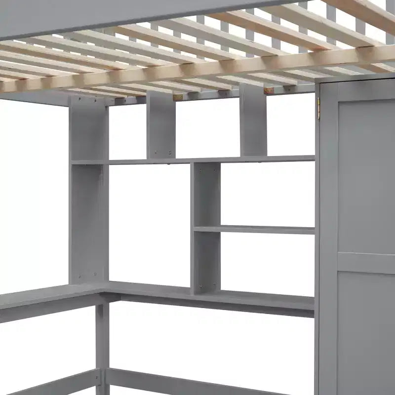 Letto a soppalco full size con armadio e scrivania integrata, telaio per letto a soppalco alto in legno massello con scaletta e libreria portaoggetti per bambini