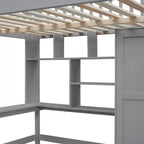 Letto a soppalco full size con armadio e scrivania integrata, telaio per letto a soppalco alto in legno massello con scaletta e libreria portaoggetti per bambini