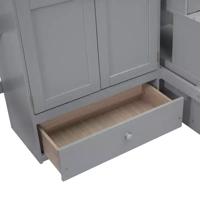Letto a soppalco full size con armadio e scrivania integrata, telaio per letto a soppalco alto in legno massello con scaletta e libreria portaoggetti per bambini
