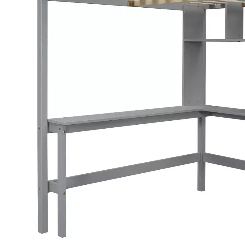 Letto a soppalco full size con armadio e scrivania integrata, telaio per letto a soppalco alto in legno massello con scaletta e libreria portaoggetti per bambini