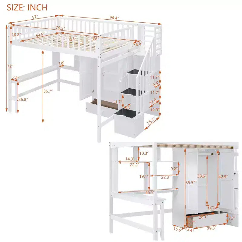 Letto a soppalco full size con armadio e scrivania integrata, telaio per letto a soppalco alto in legno massello con scaletta e libreria portaoggetti per bambini