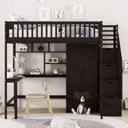 Letto a soppalco full size con armadio e scrivania integrata, telaio per letto a soppalco alto in legno massello con scaletta e libreria portaoggetti per bambini